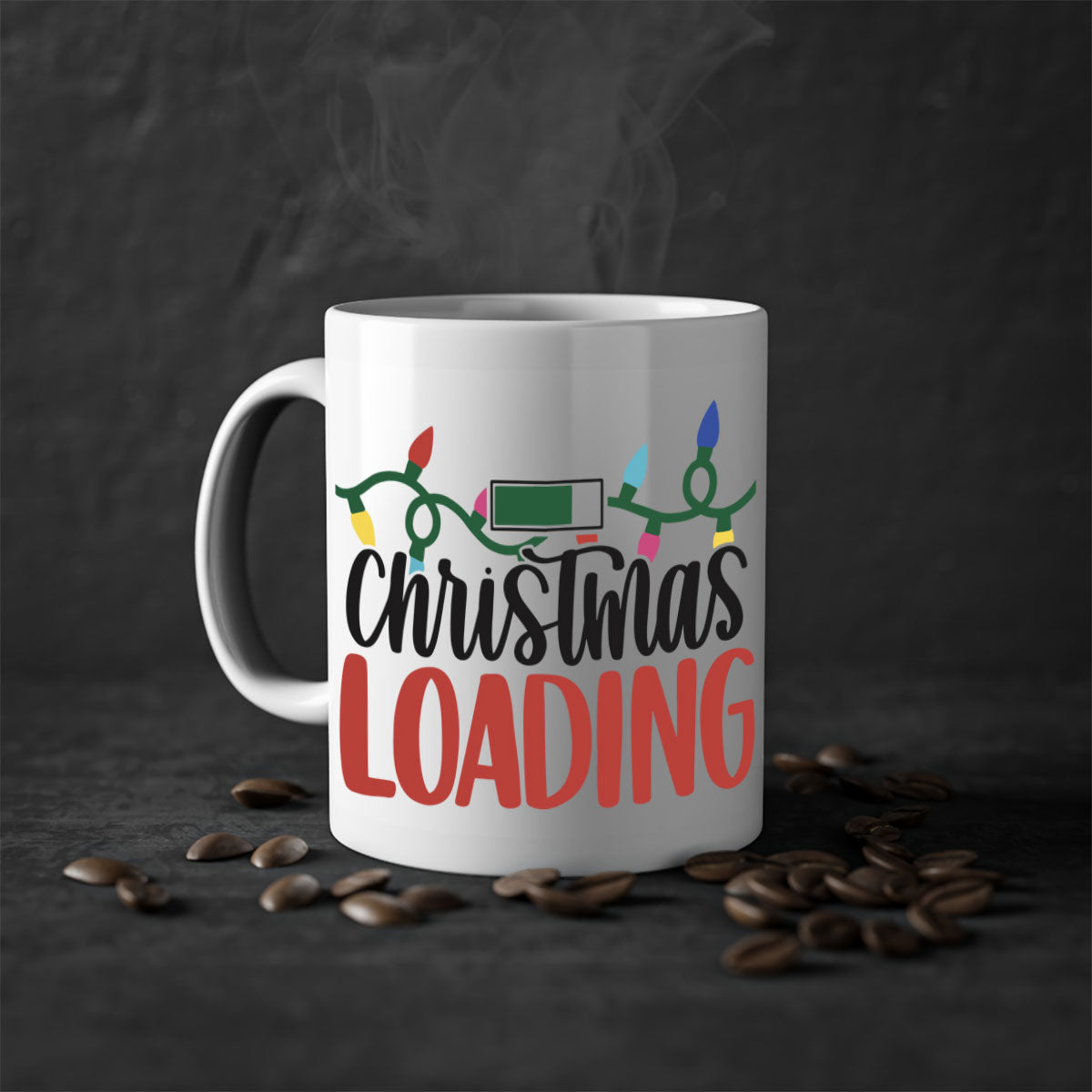 A festive Christmas Loading 195# Mug with a glossy finish, featuring a colored handle and interior, available in five vibrant colors.