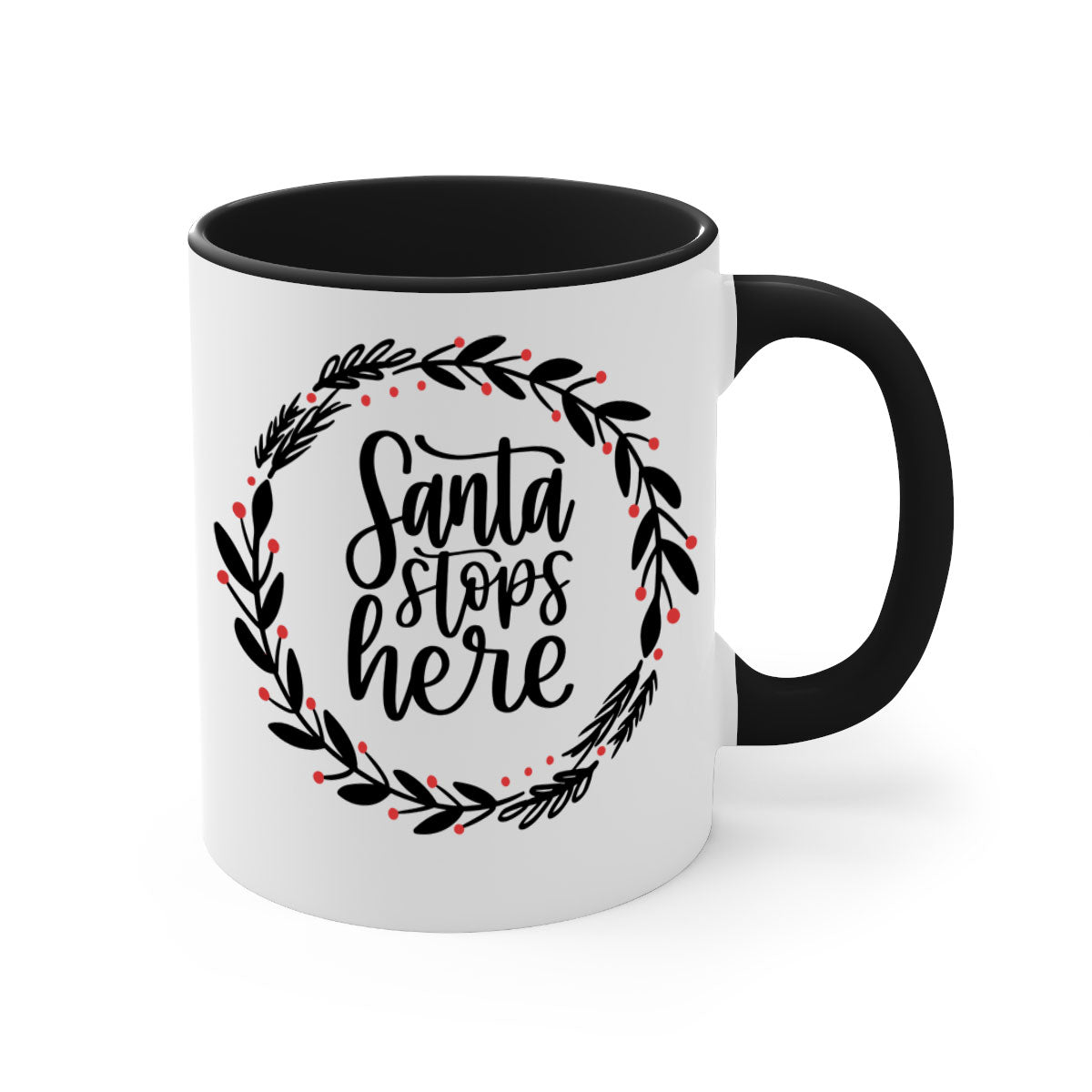 Santa Stops Here Christmas Mug with colorful handle and glossy finish, perfect for holiday beverages.