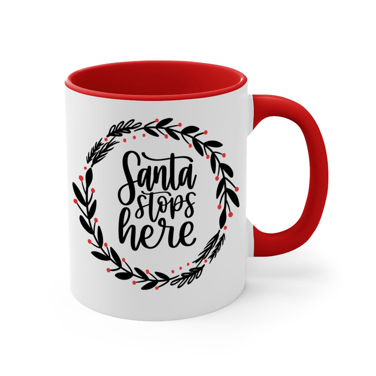 Santa Stops Here Christmas Mug with colorful handle and glossy finish, perfect for holiday beverages.