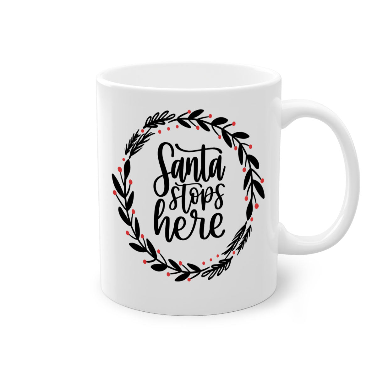 Santa Stops Here Christmas Mug with colorful handle and glossy finish, perfect for holiday beverages.