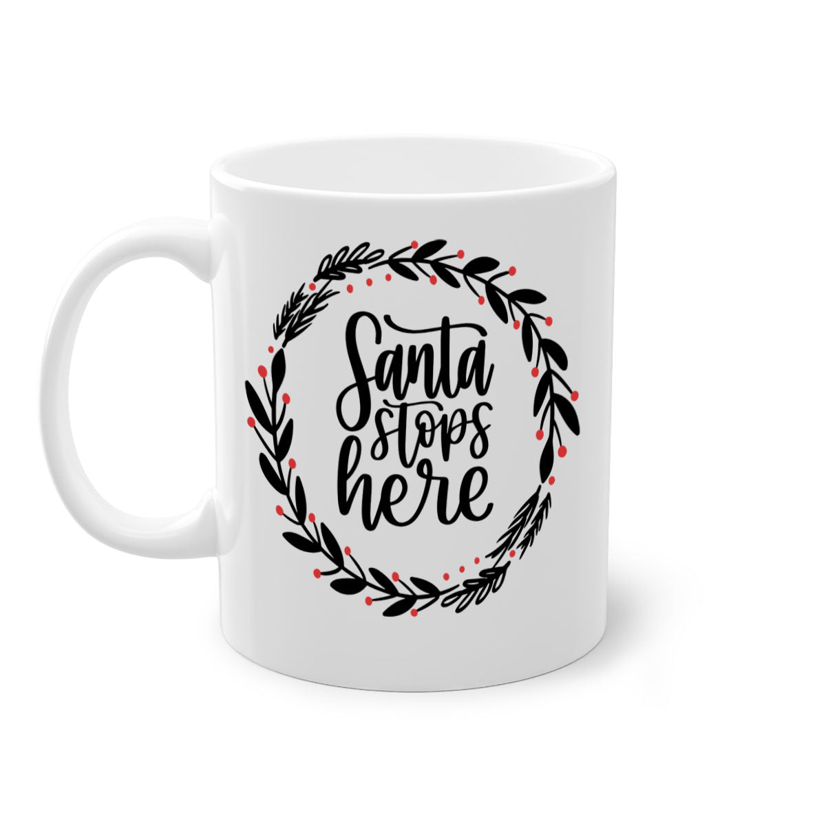 Santa Stops Here Christmas Mug with colorful handle and glossy finish, perfect for holiday beverages.