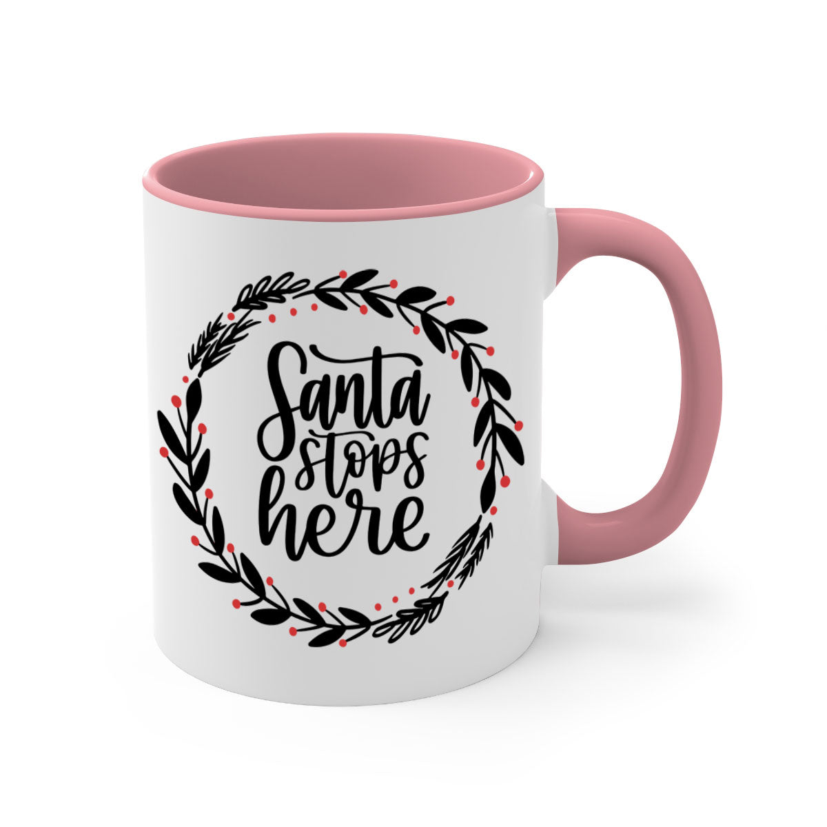 Santa Stops Here Christmas Mug with colorful handle and glossy finish, perfect for holiday beverages.