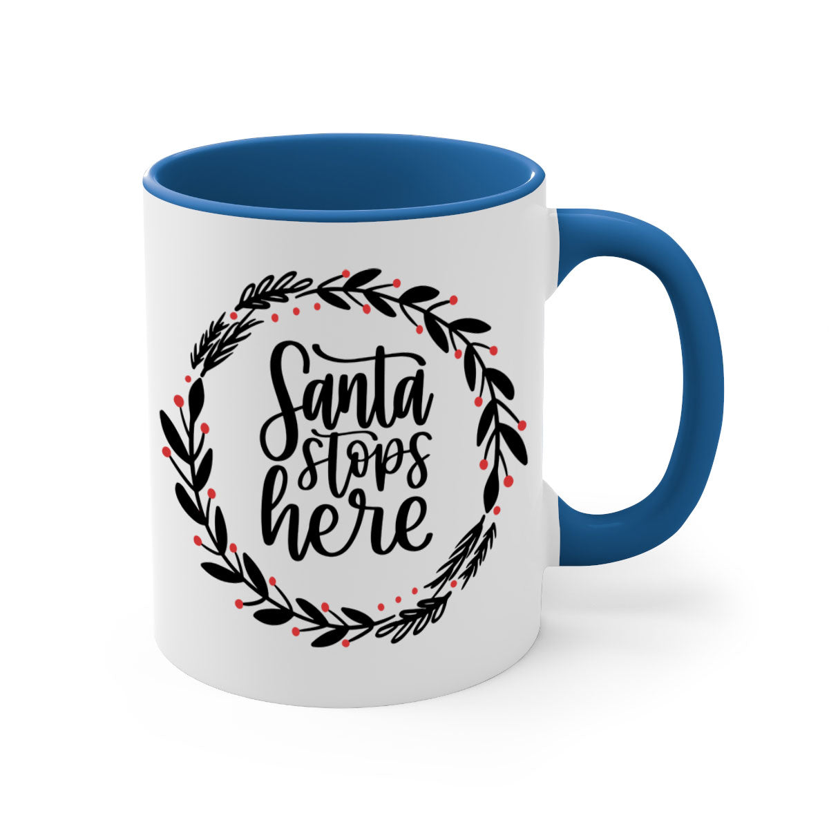 Santa Stops Here Christmas Mug with colorful handle and glossy finish, perfect for holiday beverages.