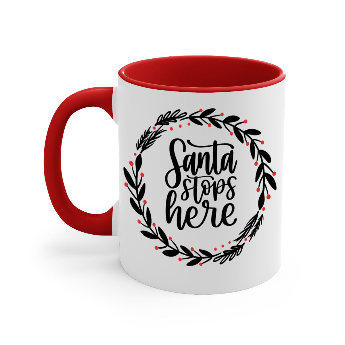 Santa Stops Here Christmas Mug with colorful handle and glossy finish, perfect for holiday beverages.