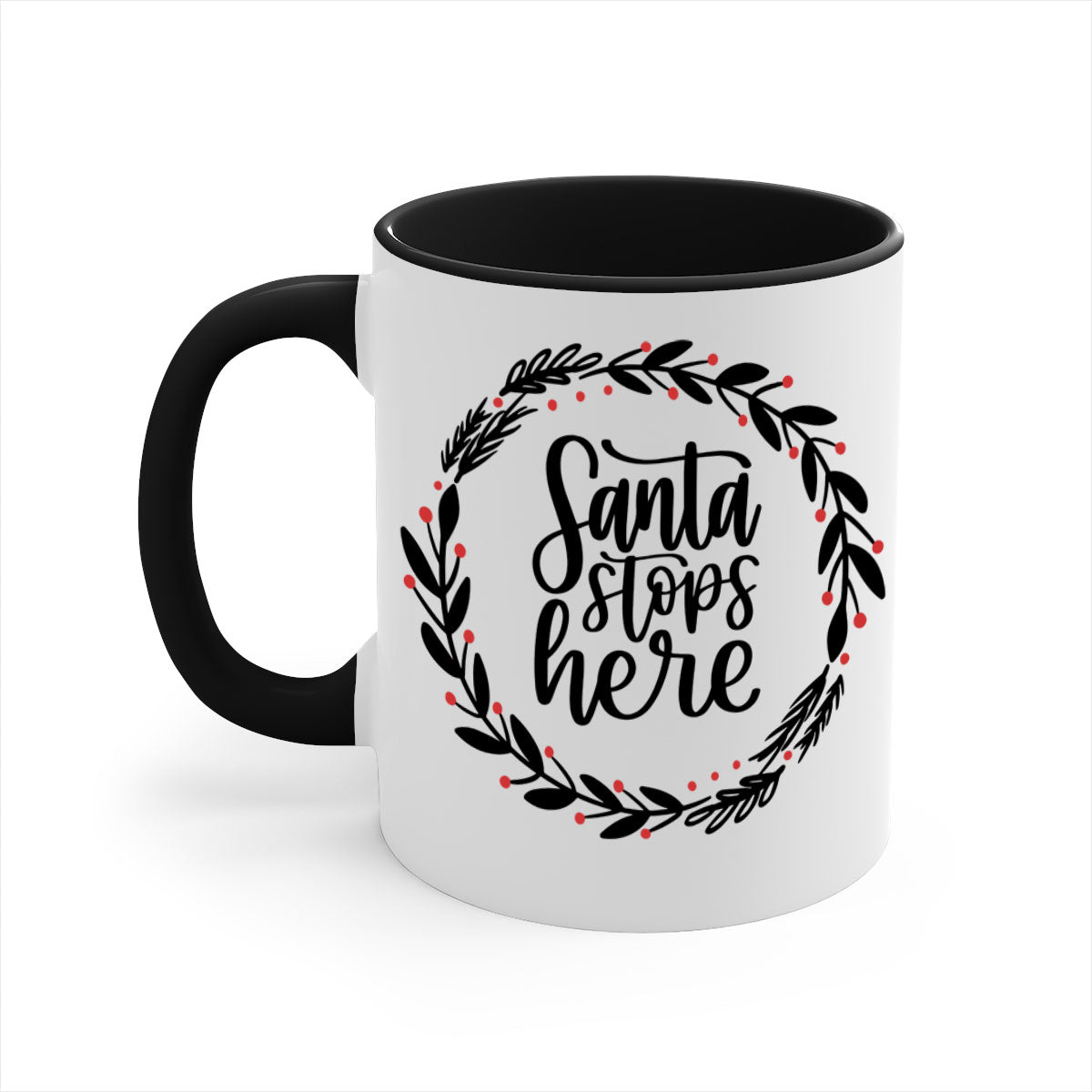 Santa Stops Here Christmas Mug with colorful handle and glossy finish, perfect for holiday beverages.