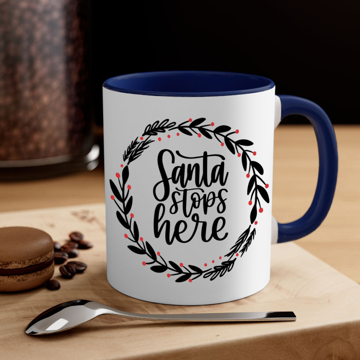 Santa Stops Here Christmas Mug with colorful handle and glossy finish, perfect for holiday beverages.