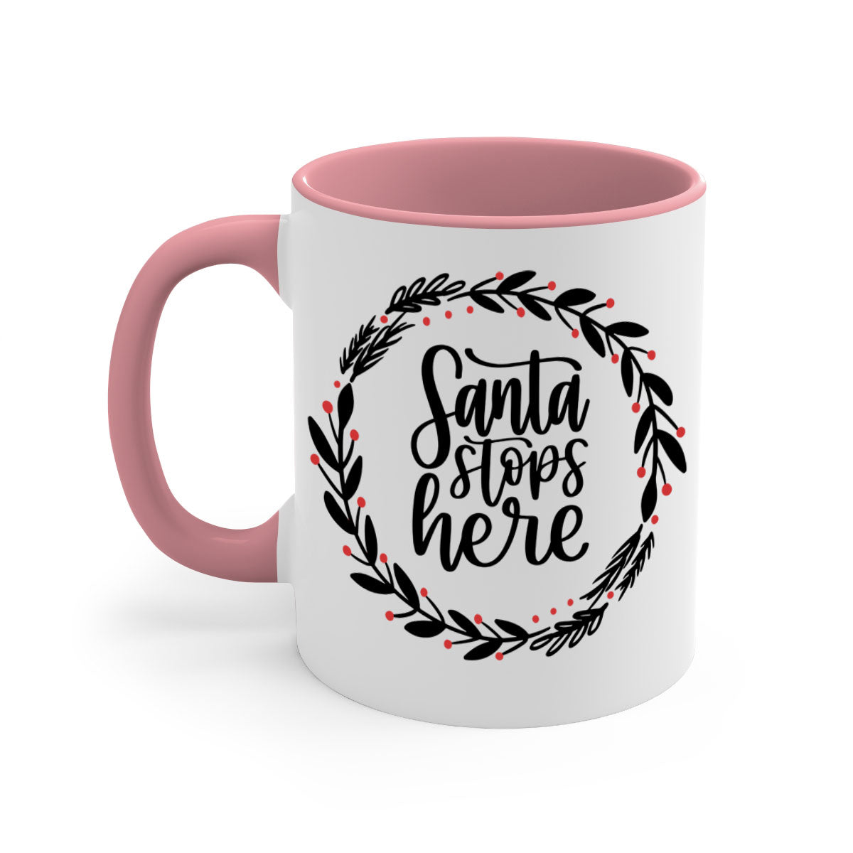 Santa Stops Here Christmas Mug with colorful handle and glossy finish, perfect for holiday beverages.