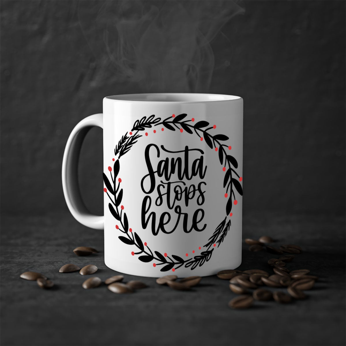 Santa Stops Here Christmas Mug with colorful handle and glossy finish, perfect for holiday beverages.