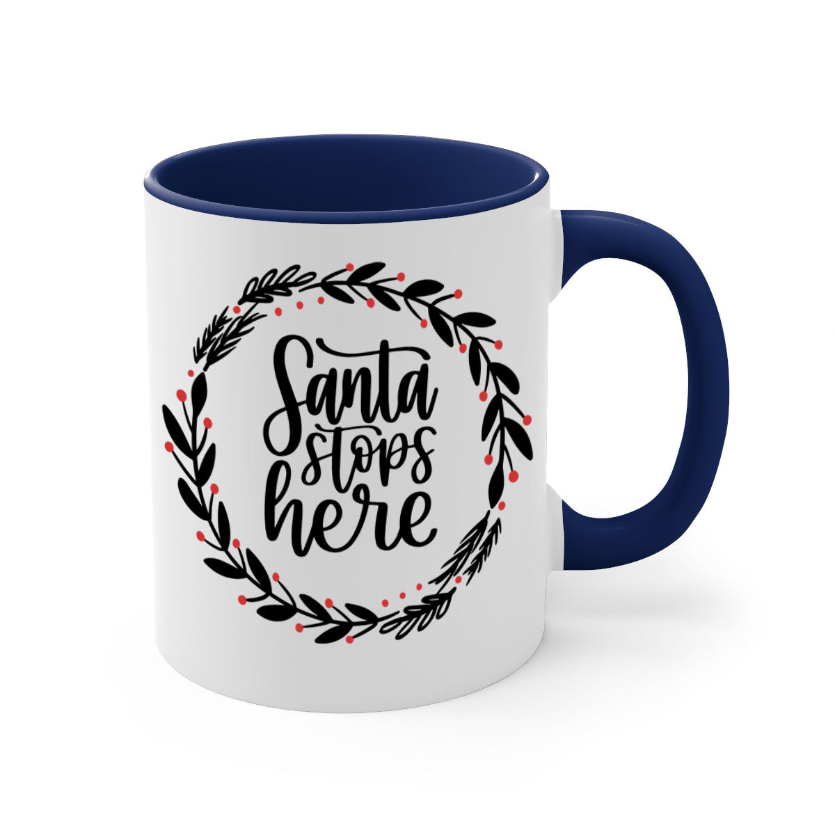 Santa Stops Here Christmas Mug with colorful handle and glossy finish, perfect for holiday beverages.