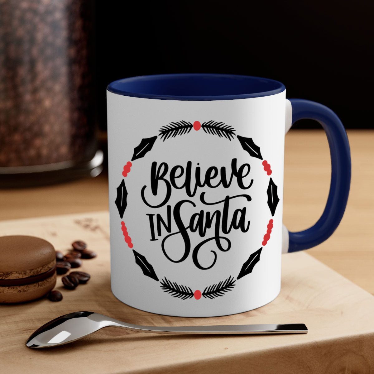A festive two-tone Christmas mug featuring a colorful handle and interior, perfect for holiday beverages.