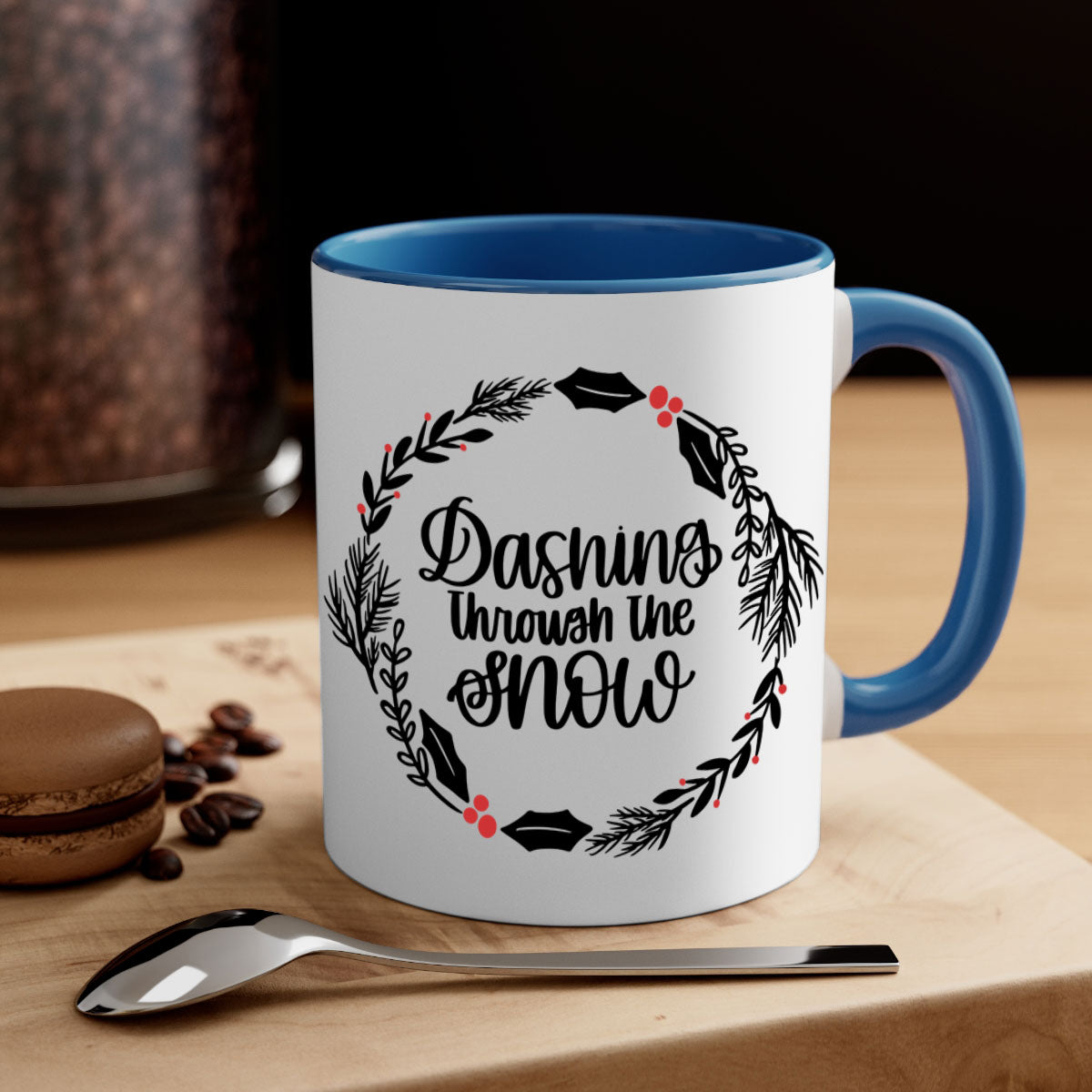 A festive Christmas mug featuring colorful ornaments and a glossy finish, available in multiple colors with a C-shaped handle.