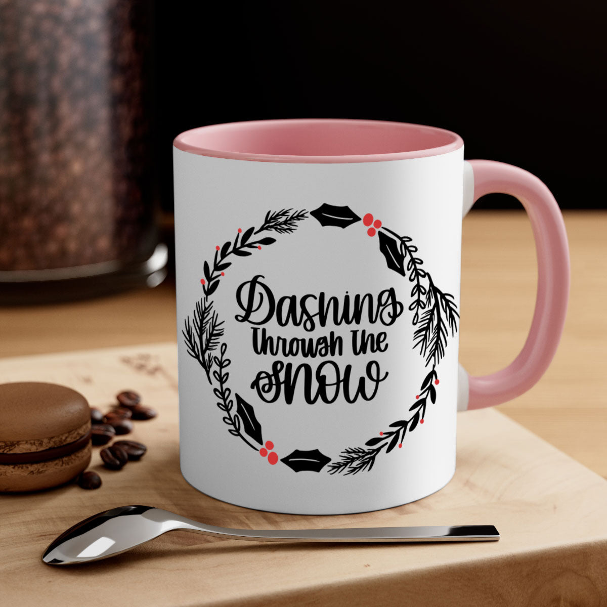 A festive Christmas mug featuring colorful ornaments and a glossy finish, available in multiple colors with a C-shaped handle.