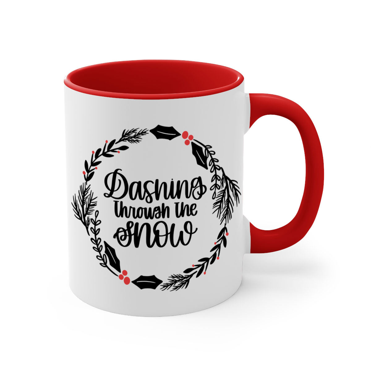 A festive Christmas mug featuring colorful ornaments and a glossy finish, available in multiple colors with a C-shaped handle.