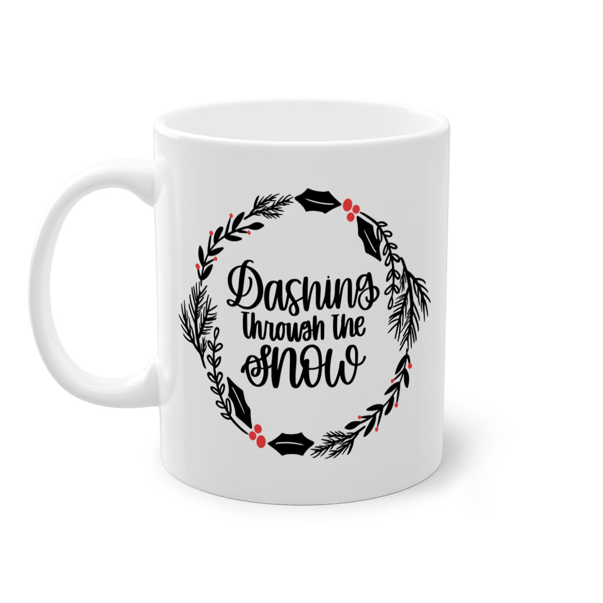 A festive Christmas mug featuring colorful ornaments and a glossy finish, available in multiple colors with a C-shaped handle.