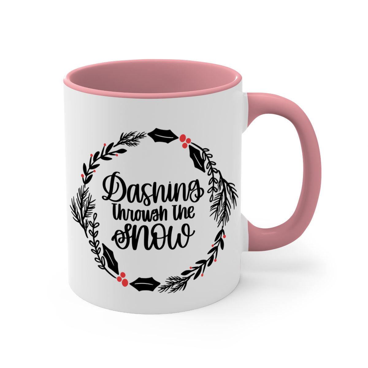 A festive Christmas mug featuring colorful ornaments and a glossy finish, available in multiple colors with a C-shaped handle.