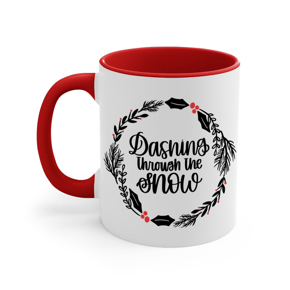 A festive Christmas mug featuring colorful ornaments and a glossy finish, available in multiple colors with a C-shaped handle.