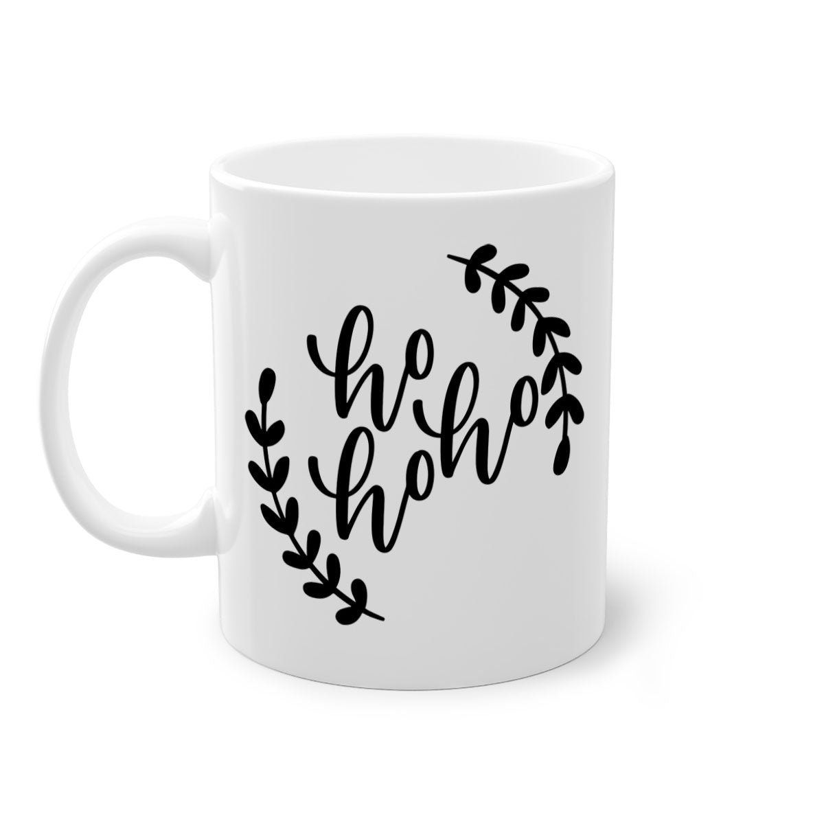 A festive Ho Ho Ho Christmas Mug with a glossy finish, featuring a colored handle and interior, perfect for holiday beverages.