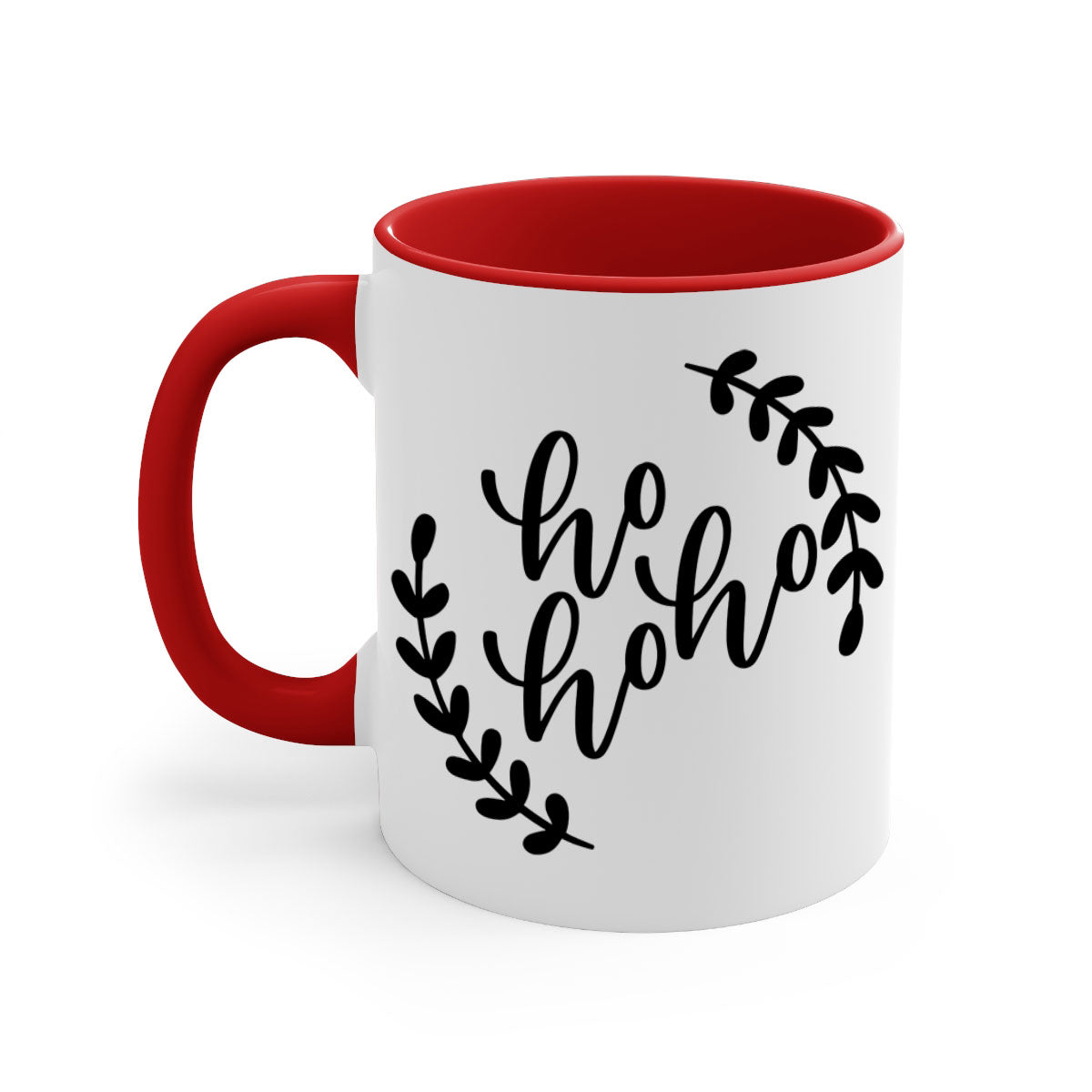 A festive Ho Ho Ho Christmas Mug with a glossy finish, featuring a colored handle and interior, perfect for holiday beverages.