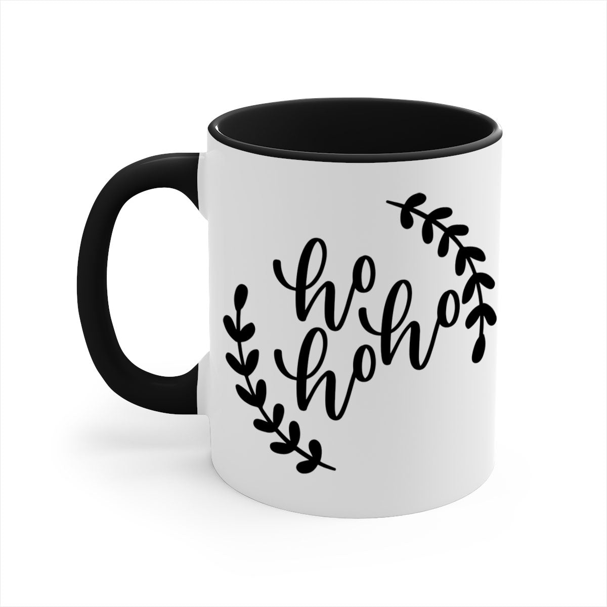 A festive Ho Ho Ho Christmas Mug with a glossy finish, featuring a colored handle and interior, perfect for holiday beverages.