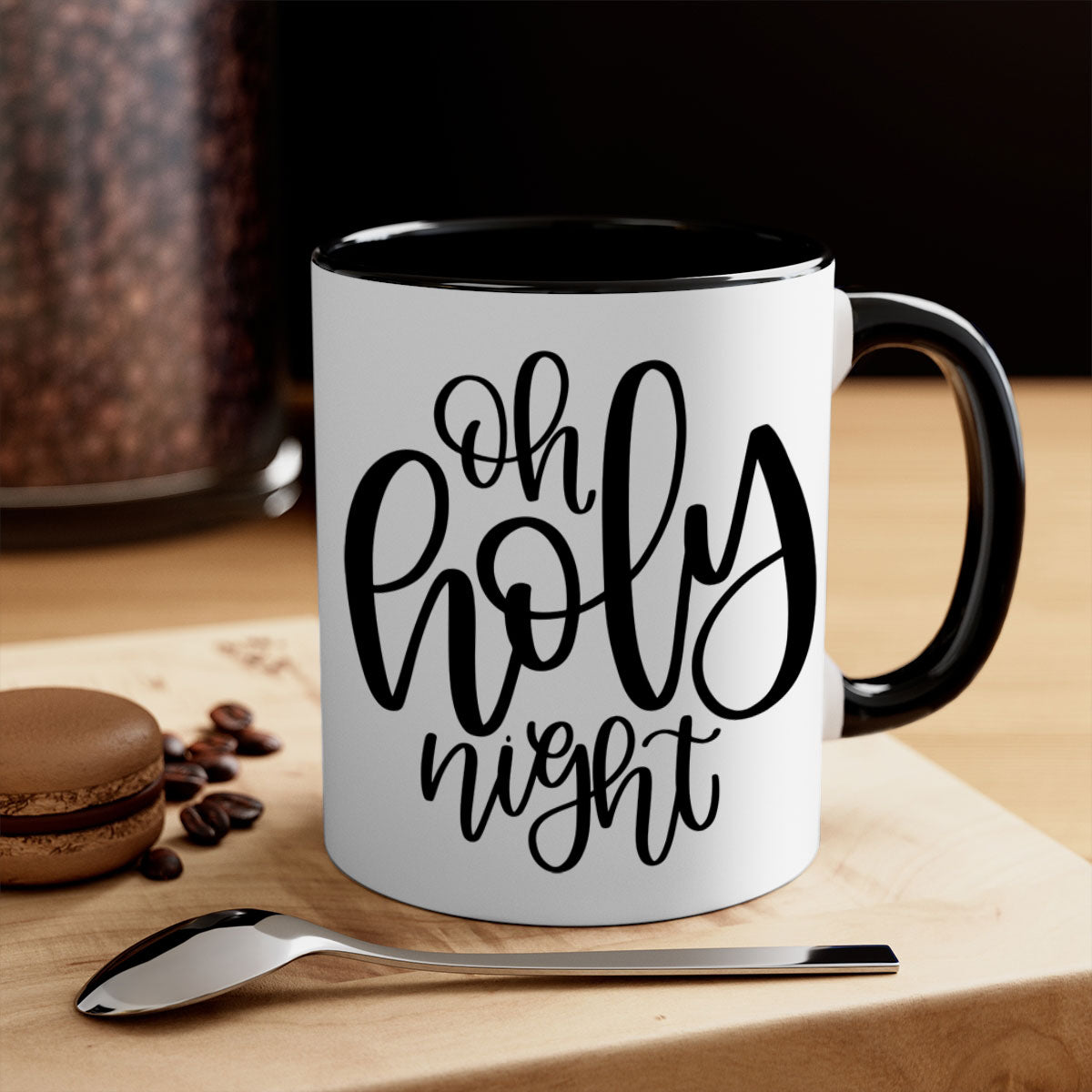 Oh Holy Night Christmas Mug with glossy finish, available in five colors, featuring a C-shaped handle, perfect for coffee and tea.