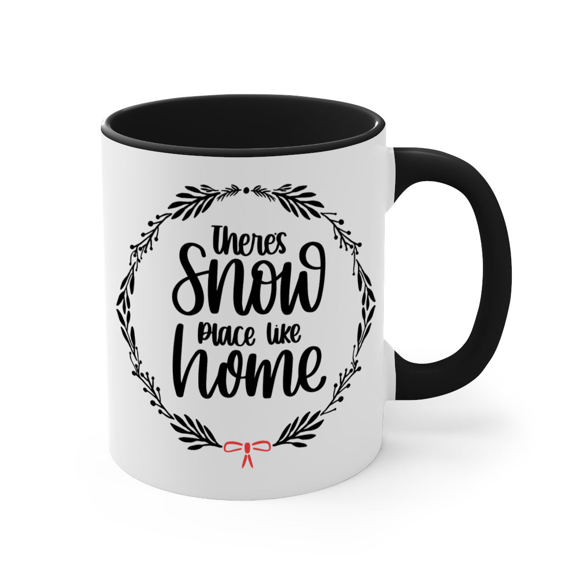 A festive Christmas ornament mug with a two-tone design, featuring a colored handle and interior, showcasing the phrase 'there's snow place like home'.