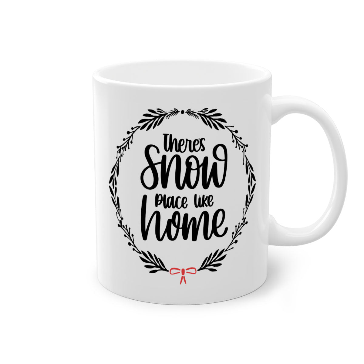 A festive Christmas ornament mug with a two-tone design, featuring a colored handle and interior, showcasing the phrase 'there's snow place like home'.