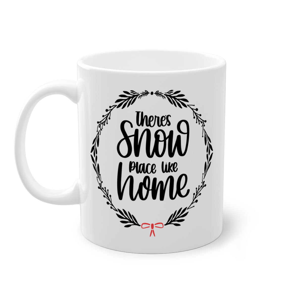 A festive Christmas ornament mug with a two-tone design, featuring a colored handle and interior, showcasing the phrase 'there's snow place like home'.
