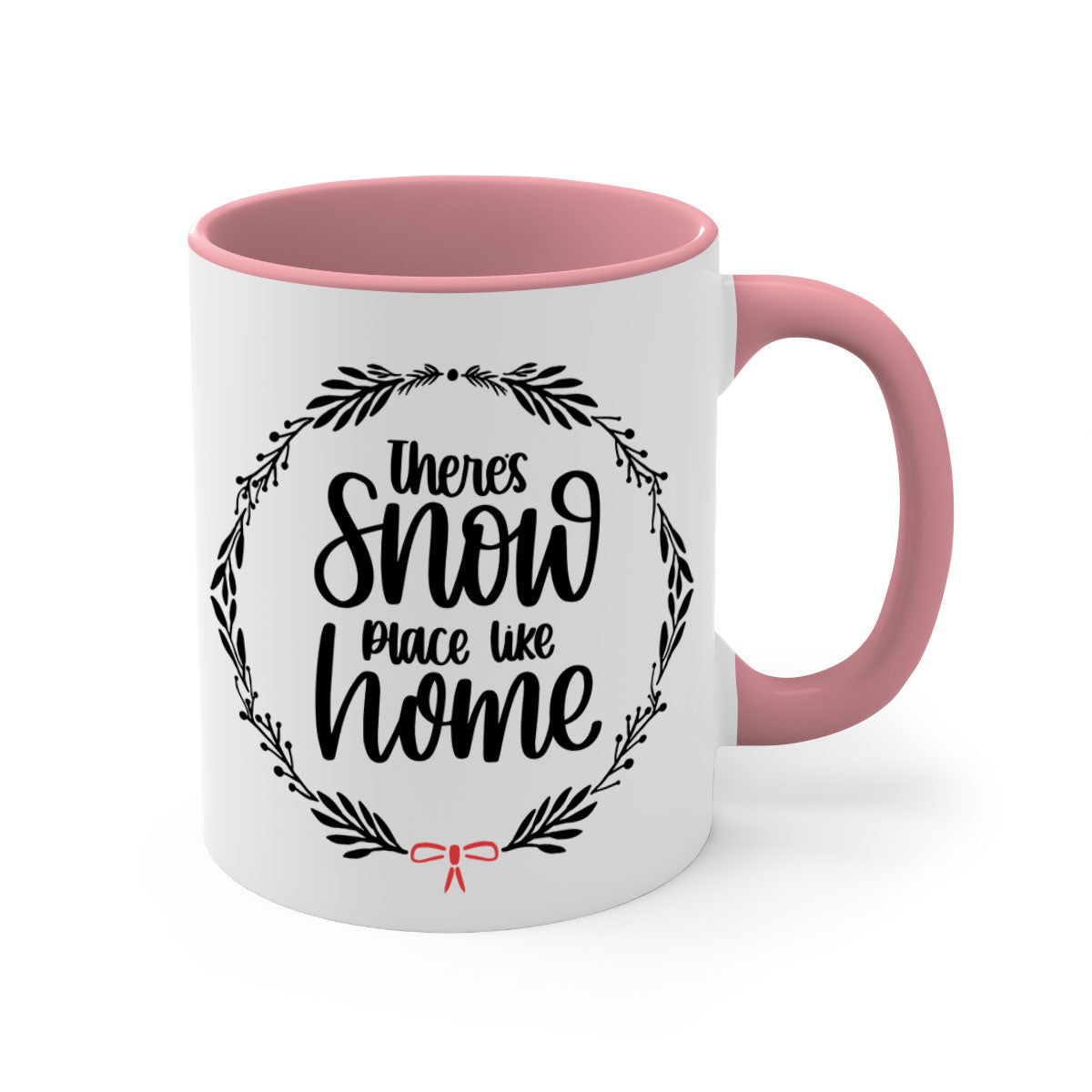 A festive Christmas ornament mug with a two-tone design, featuring a colored handle and interior, showcasing the phrase 'there's snow place like home'.