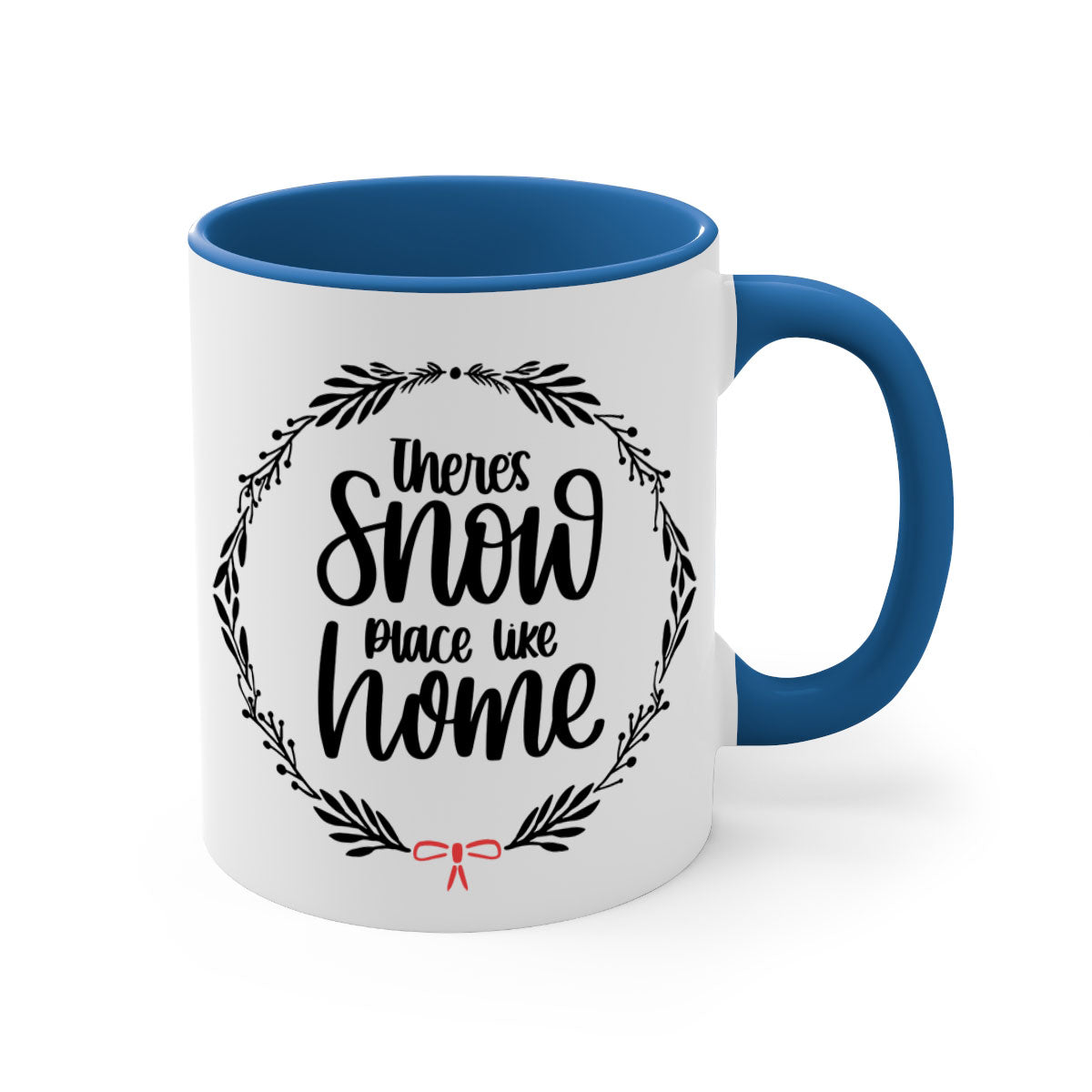 A festive Christmas ornament mug with a two-tone design, featuring a colored handle and interior, showcasing the phrase 'there's snow place like home'.