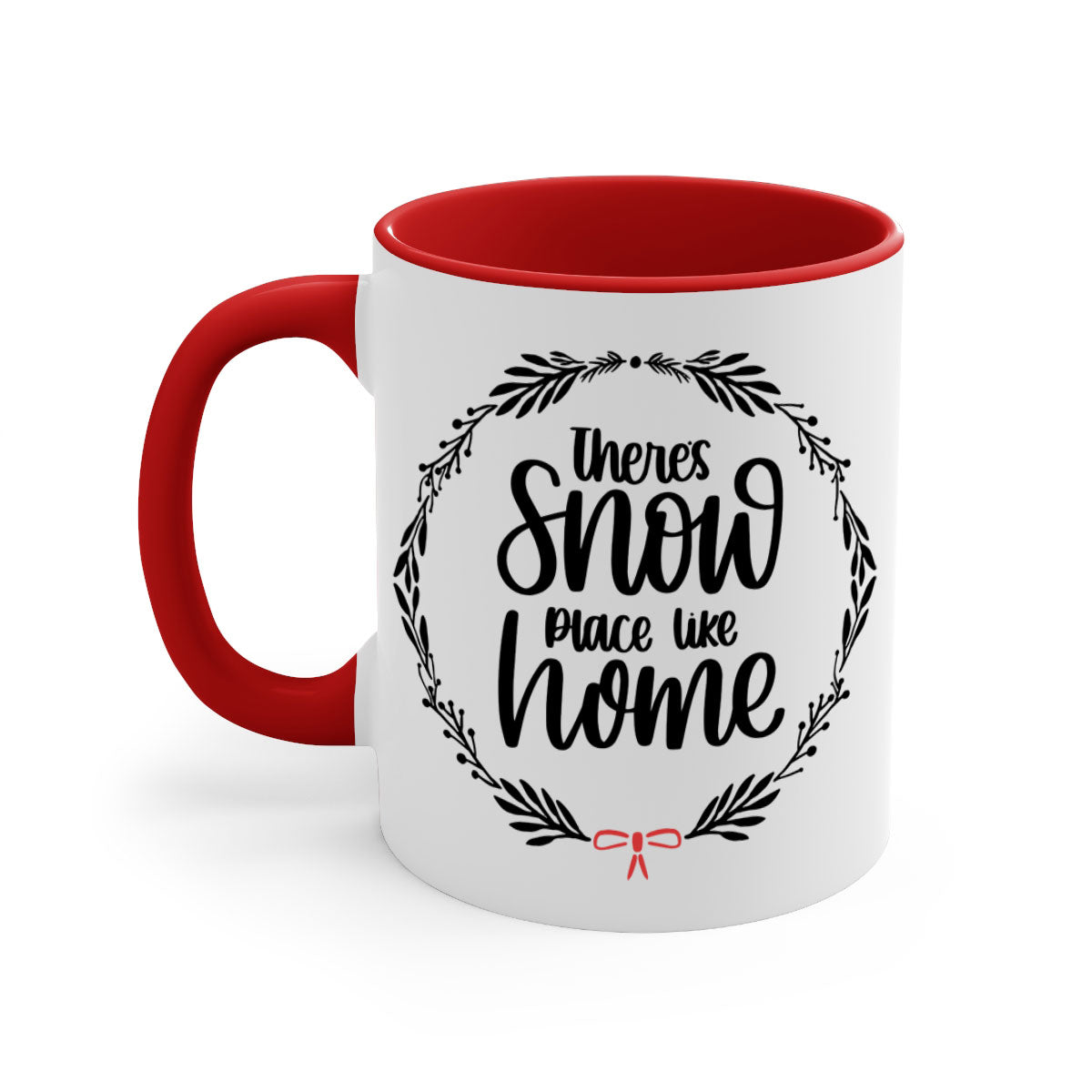A festive Christmas ornament mug with a two-tone design, featuring a colored handle and interior, showcasing the phrase 'there's snow place like home'.