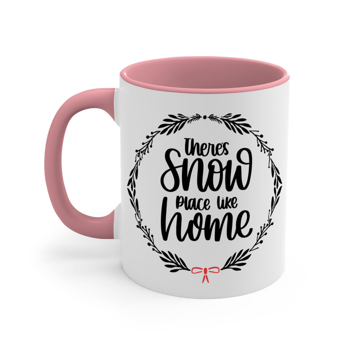 A festive Christmas ornament mug with a two-tone design, featuring a colored handle and interior, showcasing the phrase 'there's snow place like home'.