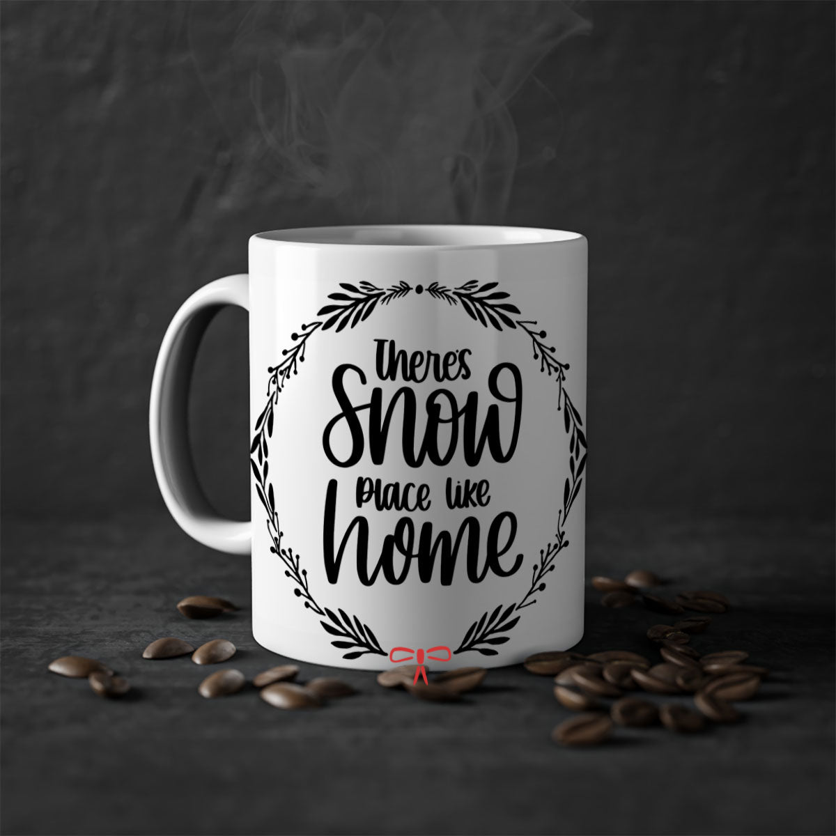 A festive Christmas ornament mug with a two-tone design, featuring a colored handle and interior, showcasing the phrase 'there's snow place like home'.