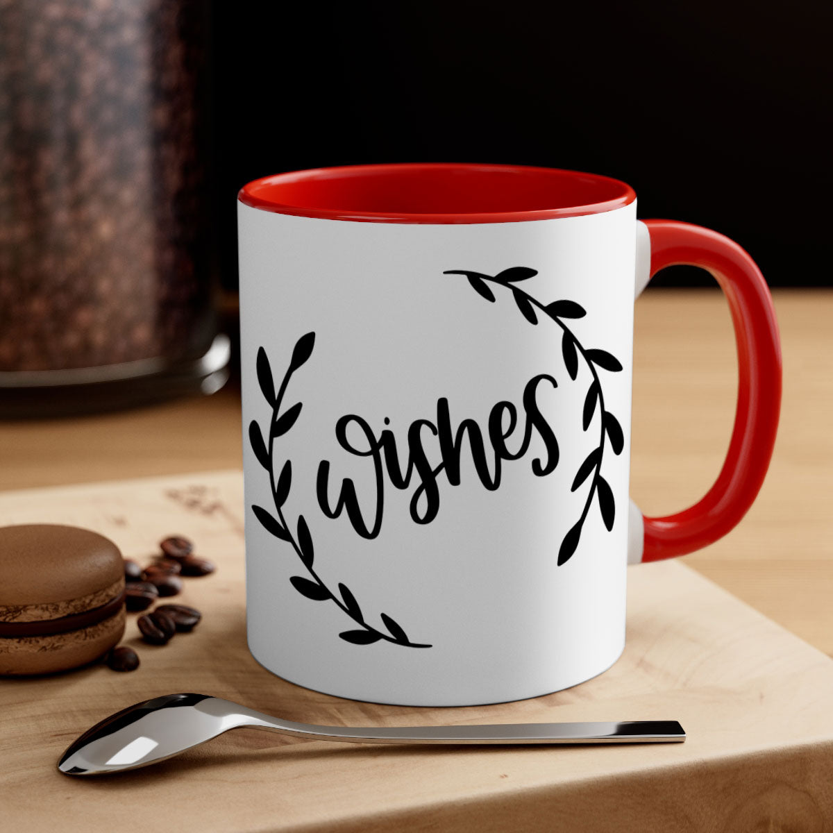 Christmas Ornaments Wishes Mug featuring a glossy finish, colored handle, and interior in festive colors, perfect for holiday beverages.