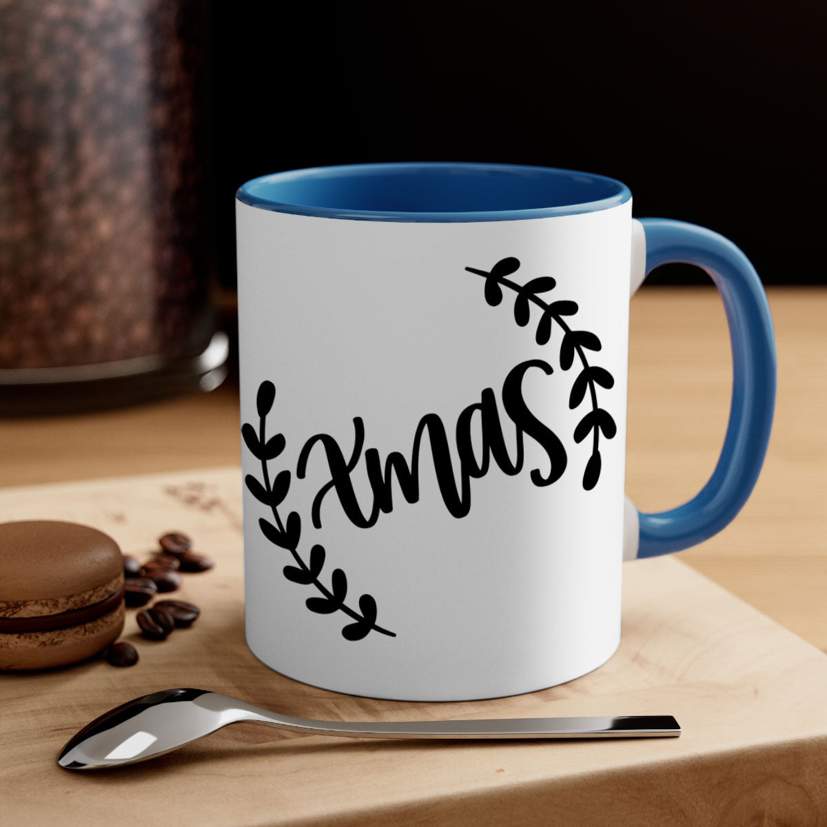 A festive Christmas Ornaments Mug featuring a glossy finish, colored handle, and interior, available in five vibrant colors.