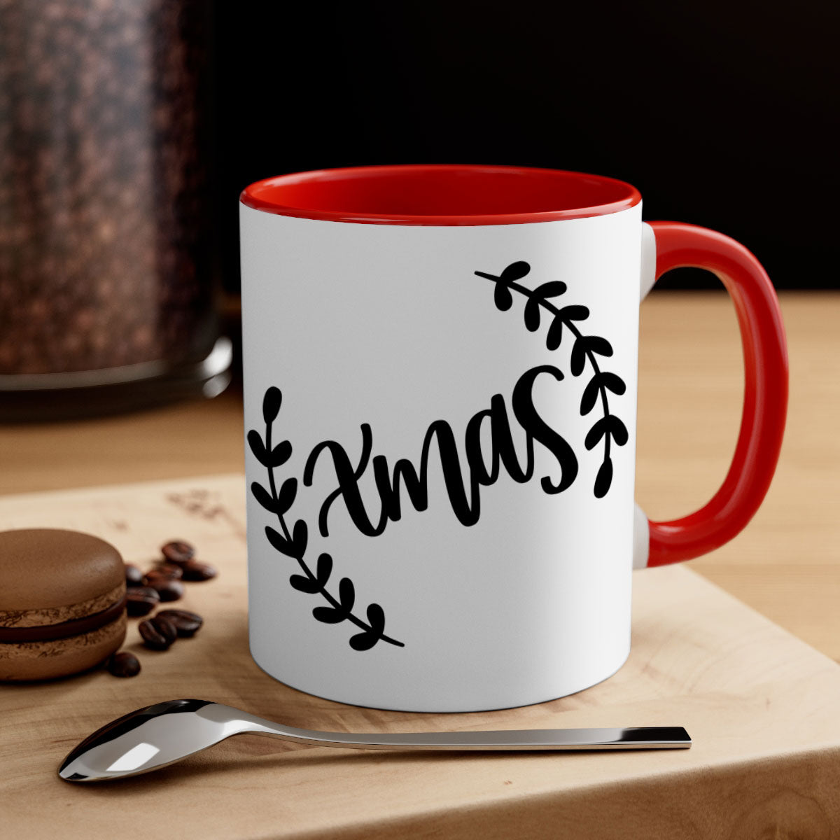 A festive Christmas Ornaments Mug featuring a glossy finish, colored handle, and interior, available in five vibrant colors.