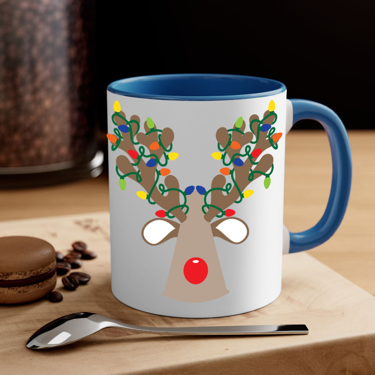 Christmas Reindeer Antler Mug with colorful handle and glossy finish, perfect for holiday beverages.