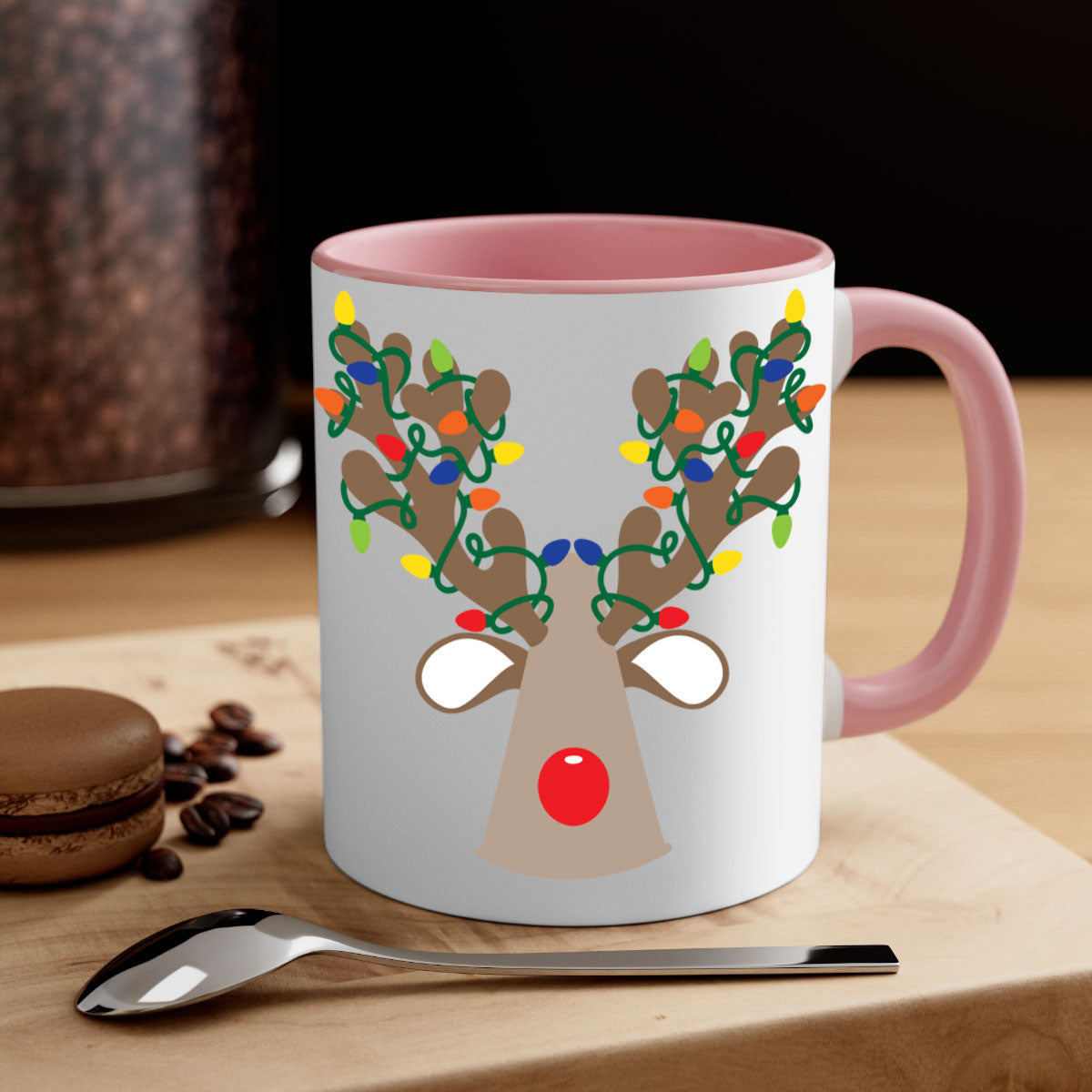 Christmas Reindeer Antler Mug with colorful handle and glossy finish, perfect for holiday beverages.