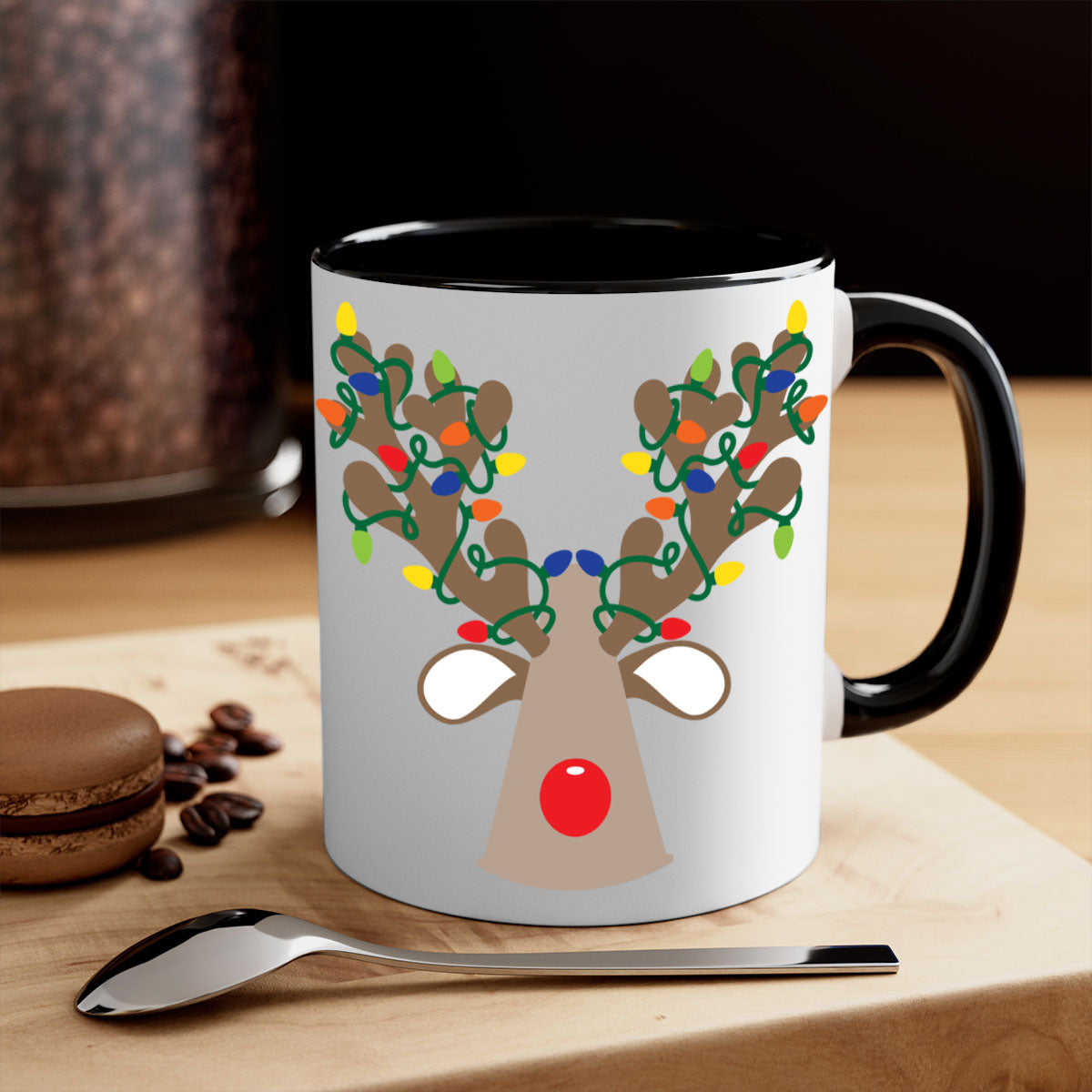 Christmas Reindeer Antler Mug with colorful handle and glossy finish, perfect for holiday beverages.