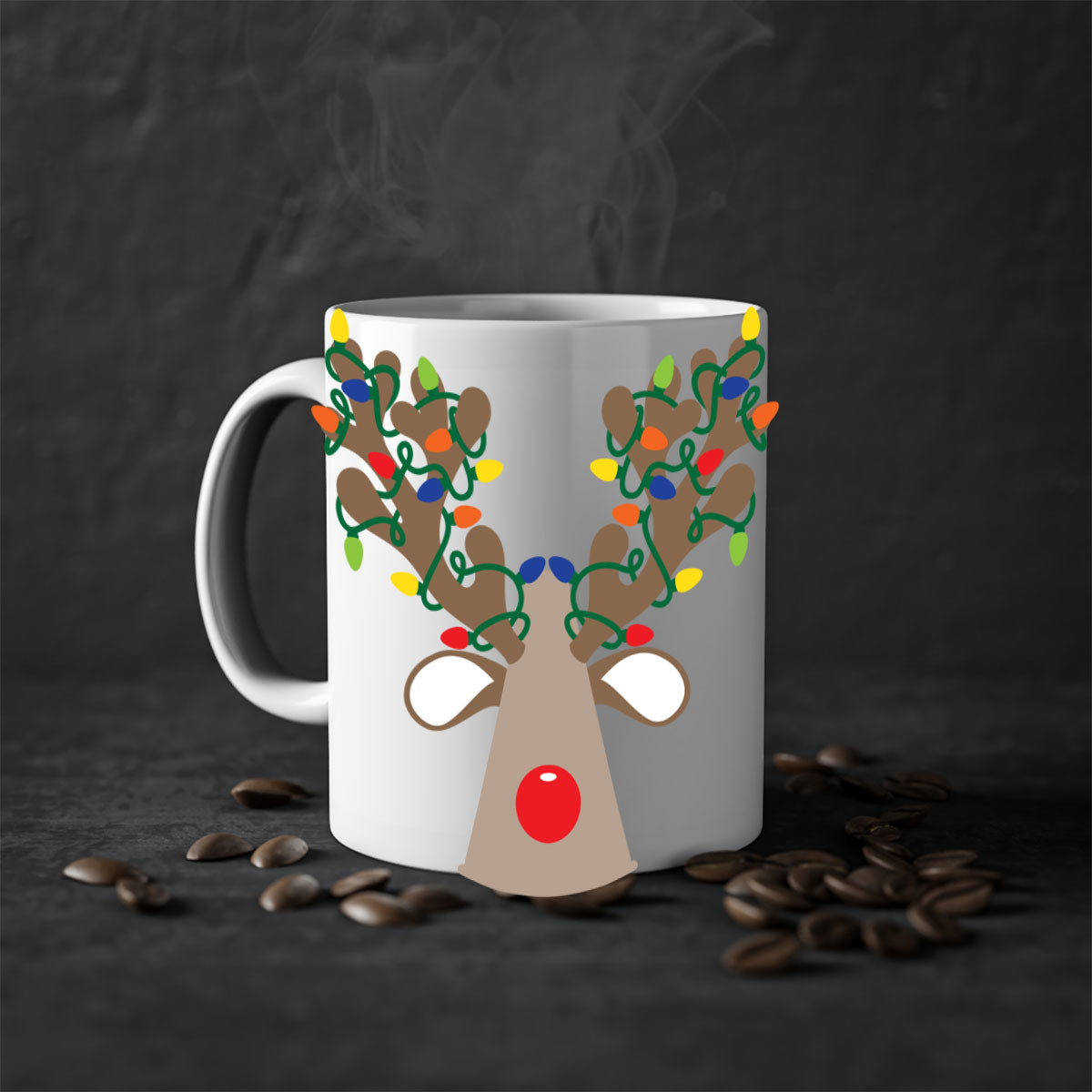 Christmas Reindeer Antler Mug with colorful handle and glossy finish, perfect for holiday beverages.