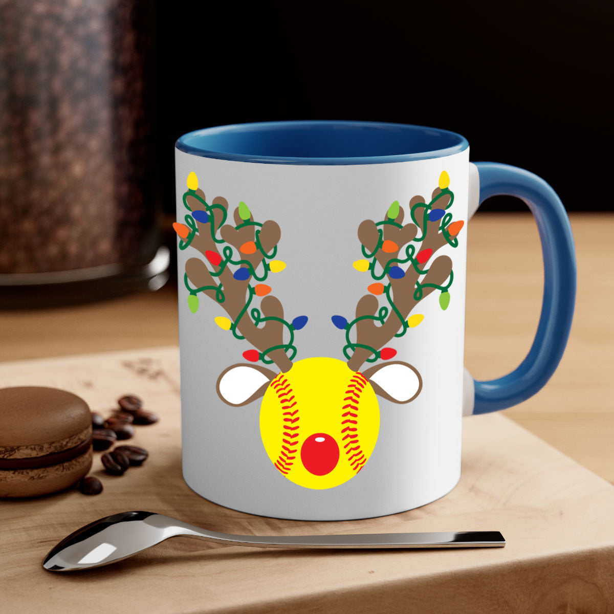Christmas mug featuring reindeer antler design with a glossy finish and colored handle, available in multiple colors.