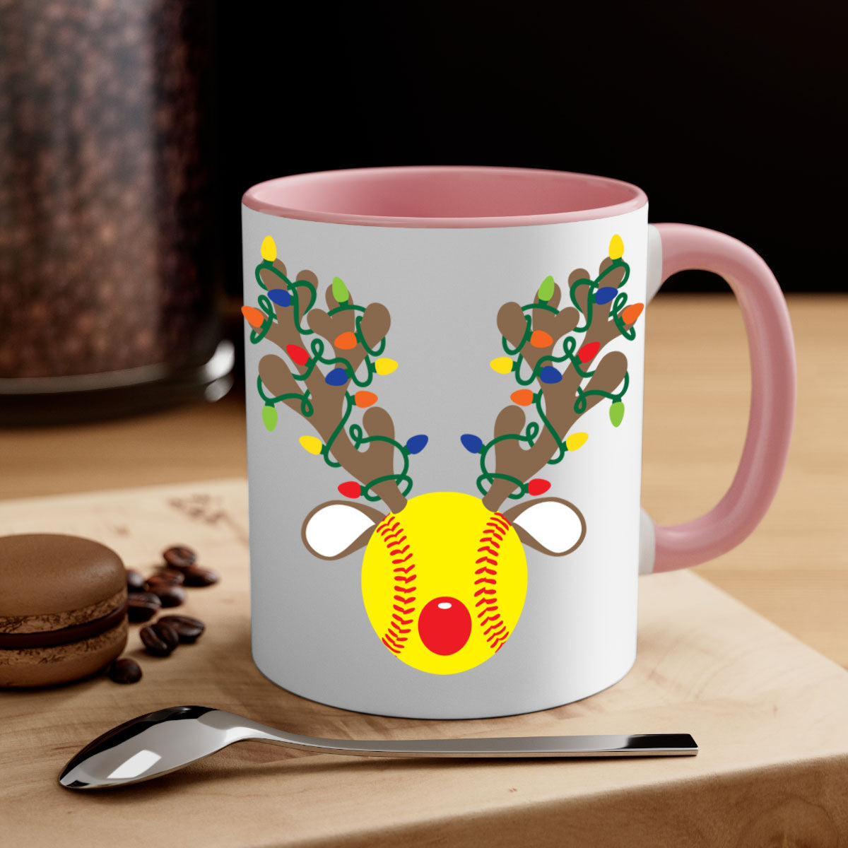 Christmas mug featuring reindeer antler design with a glossy finish and colored handle, available in multiple colors.