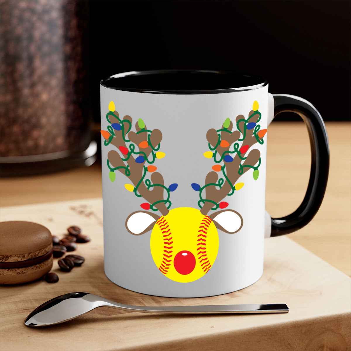 Christmas mug featuring reindeer antler design with a glossy finish and colored handle, available in multiple colors.