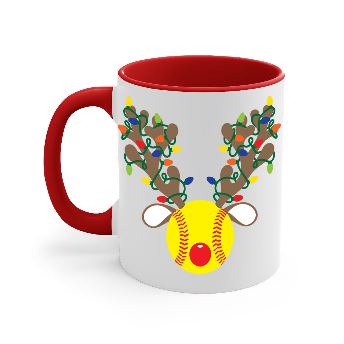 Christmas mug featuring reindeer antler design with a glossy finish and colored handle, available in multiple colors.