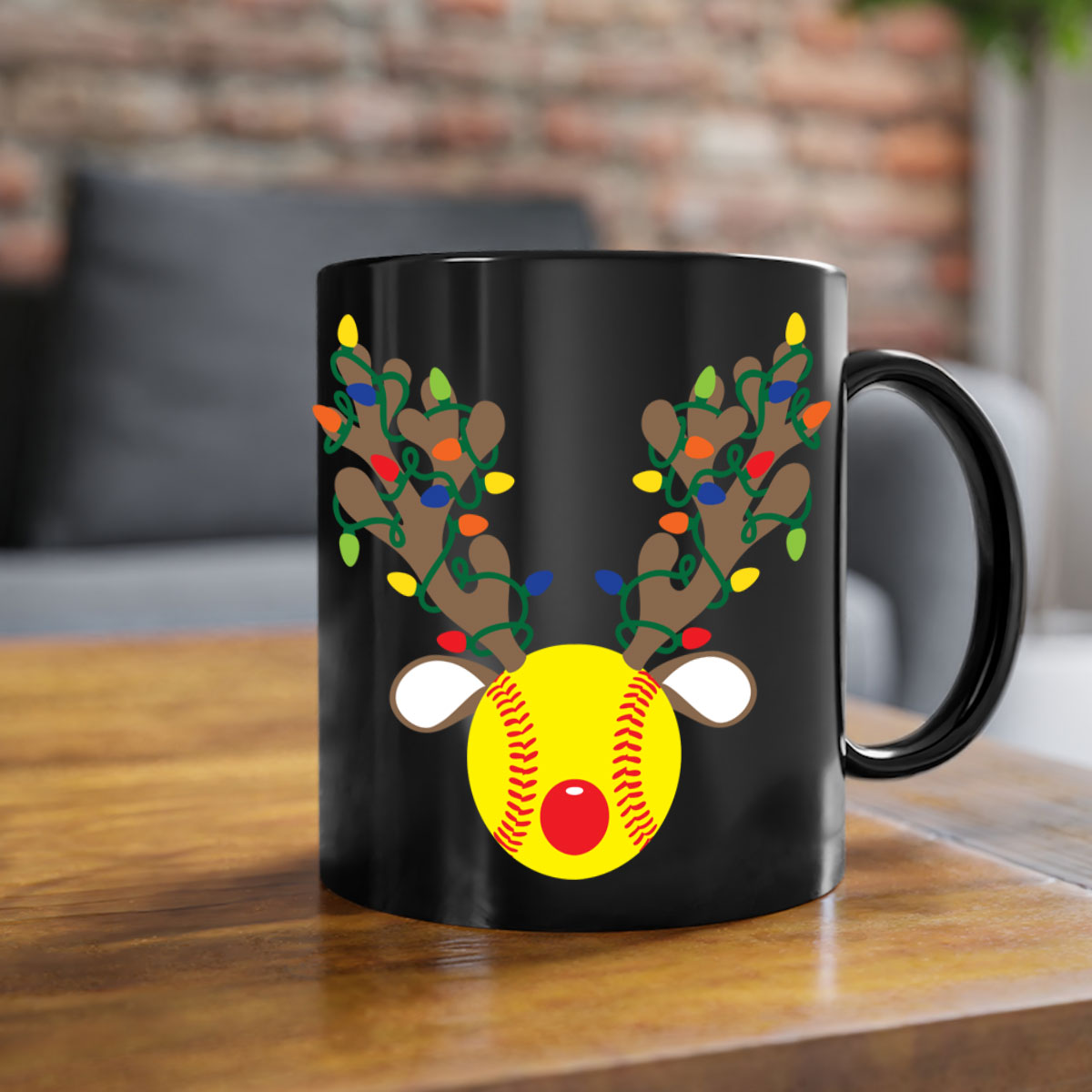 Christmas mug featuring reindeer antler design with a glossy finish and colored handle, available in multiple colors.