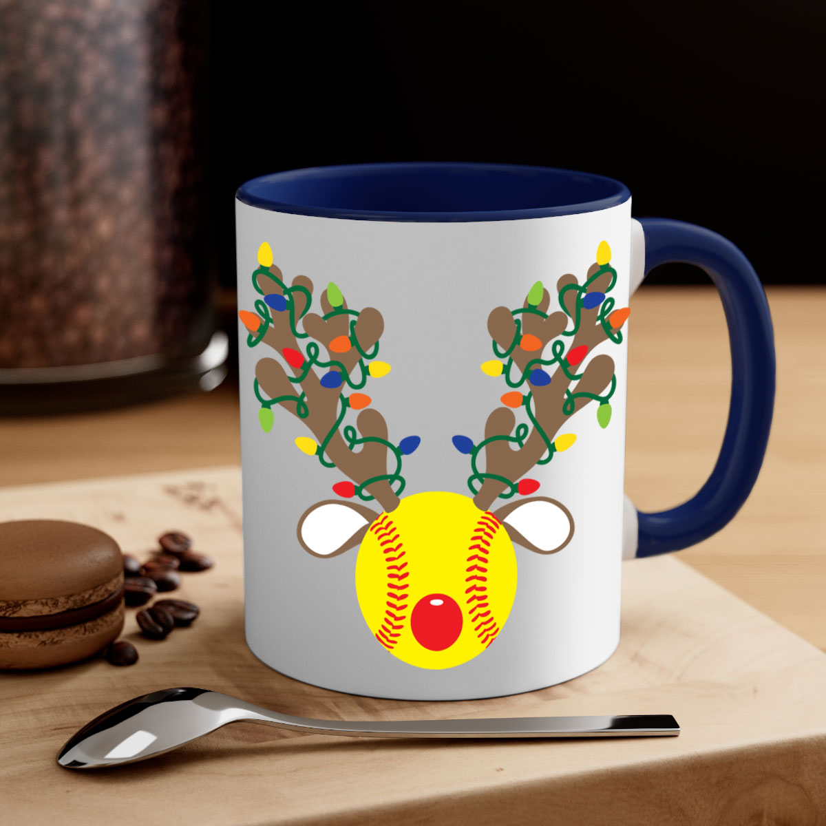Christmas mug featuring reindeer antler design with a glossy finish and colored handle, available in multiple colors.