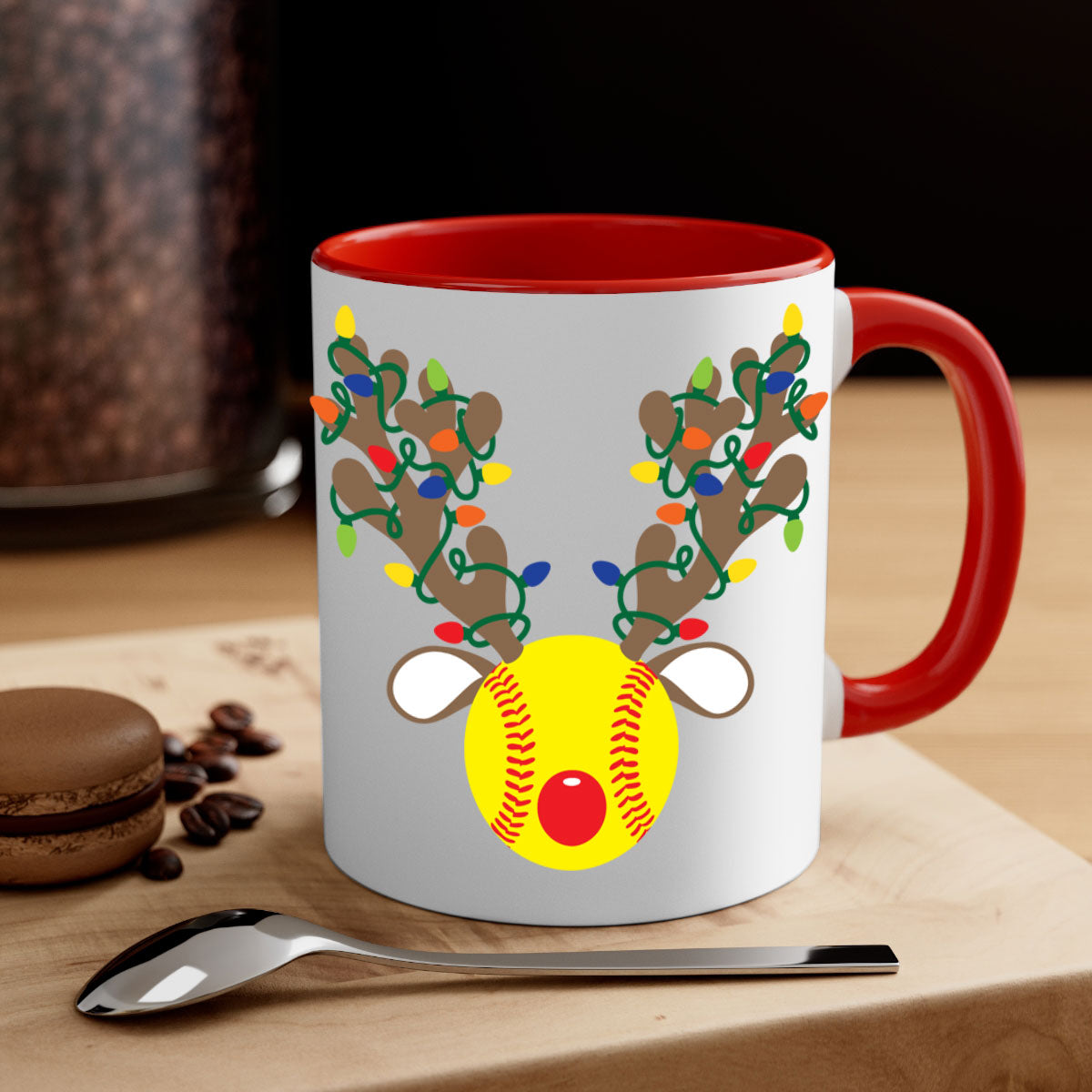 Christmas mug featuring reindeer antler design with a glossy finish and colored handle, available in multiple colors.
