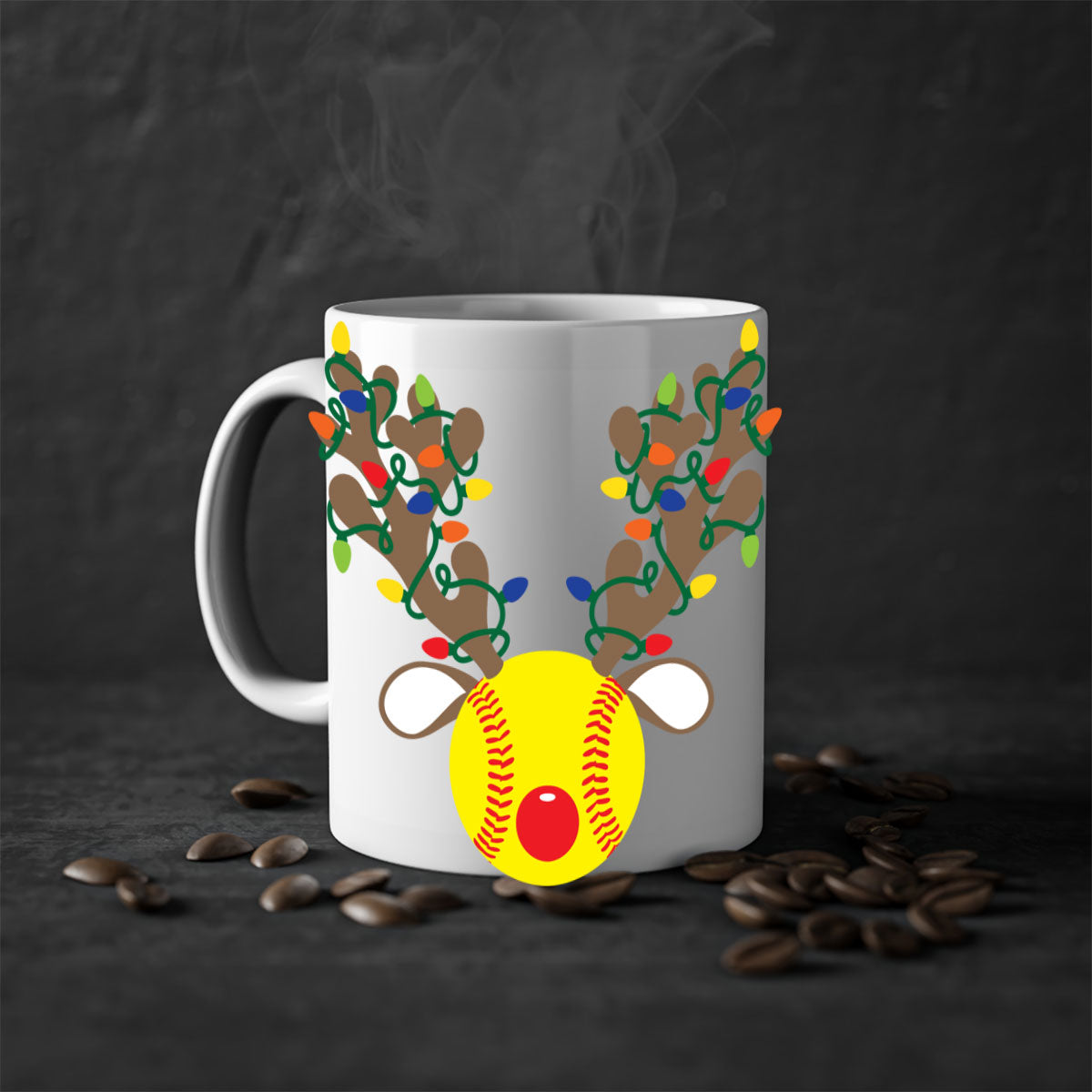 Christmas mug featuring reindeer antler design with a glossy finish and colored handle, available in multiple colors.