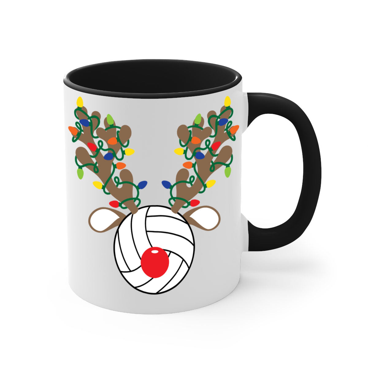 Christmas Reindeer Antler Volleyball Mug with colorful handle and glossy finish, perfect for holiday beverages.