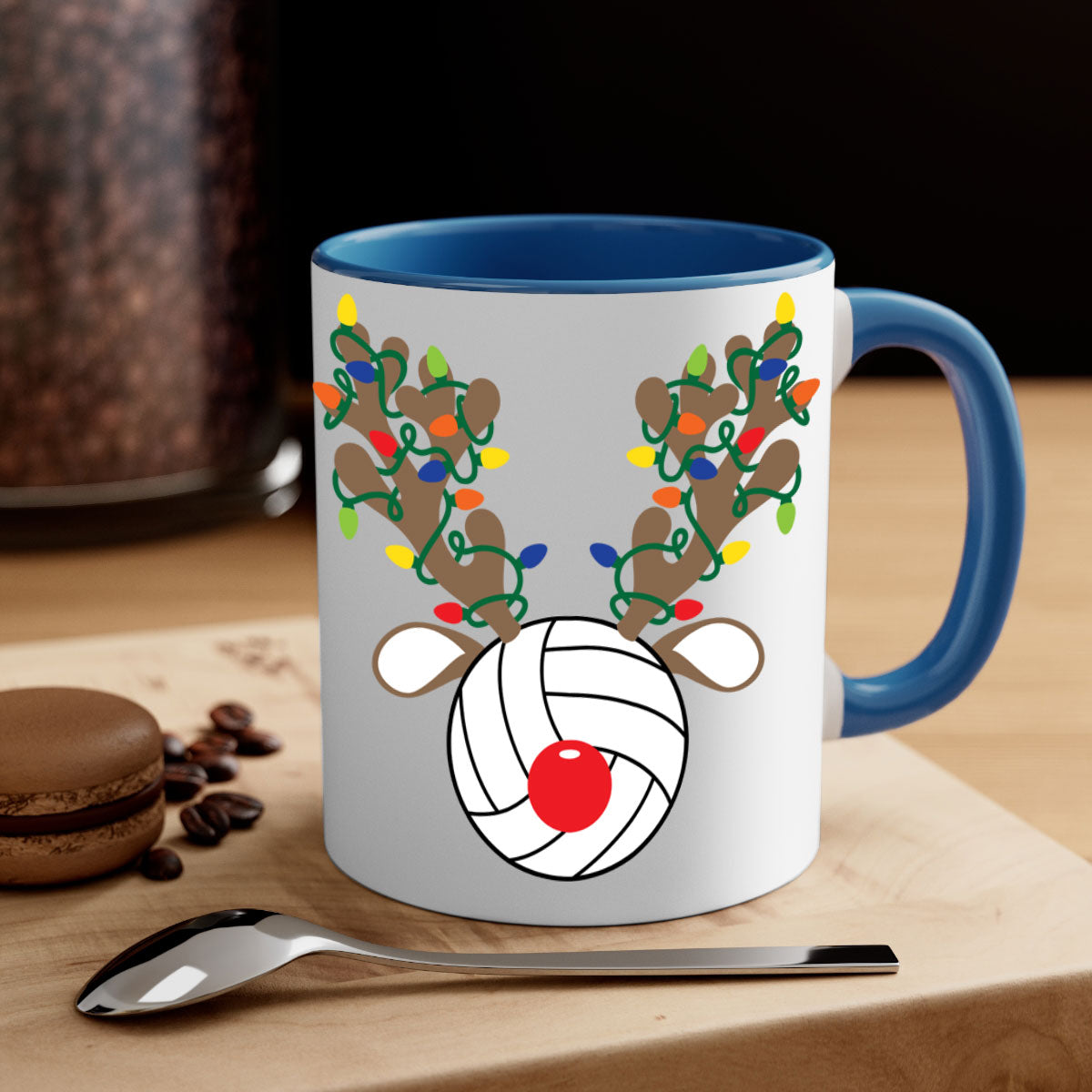Christmas Reindeer Antler Volleyball Mug with colorful handle and glossy finish, perfect for holiday beverages.