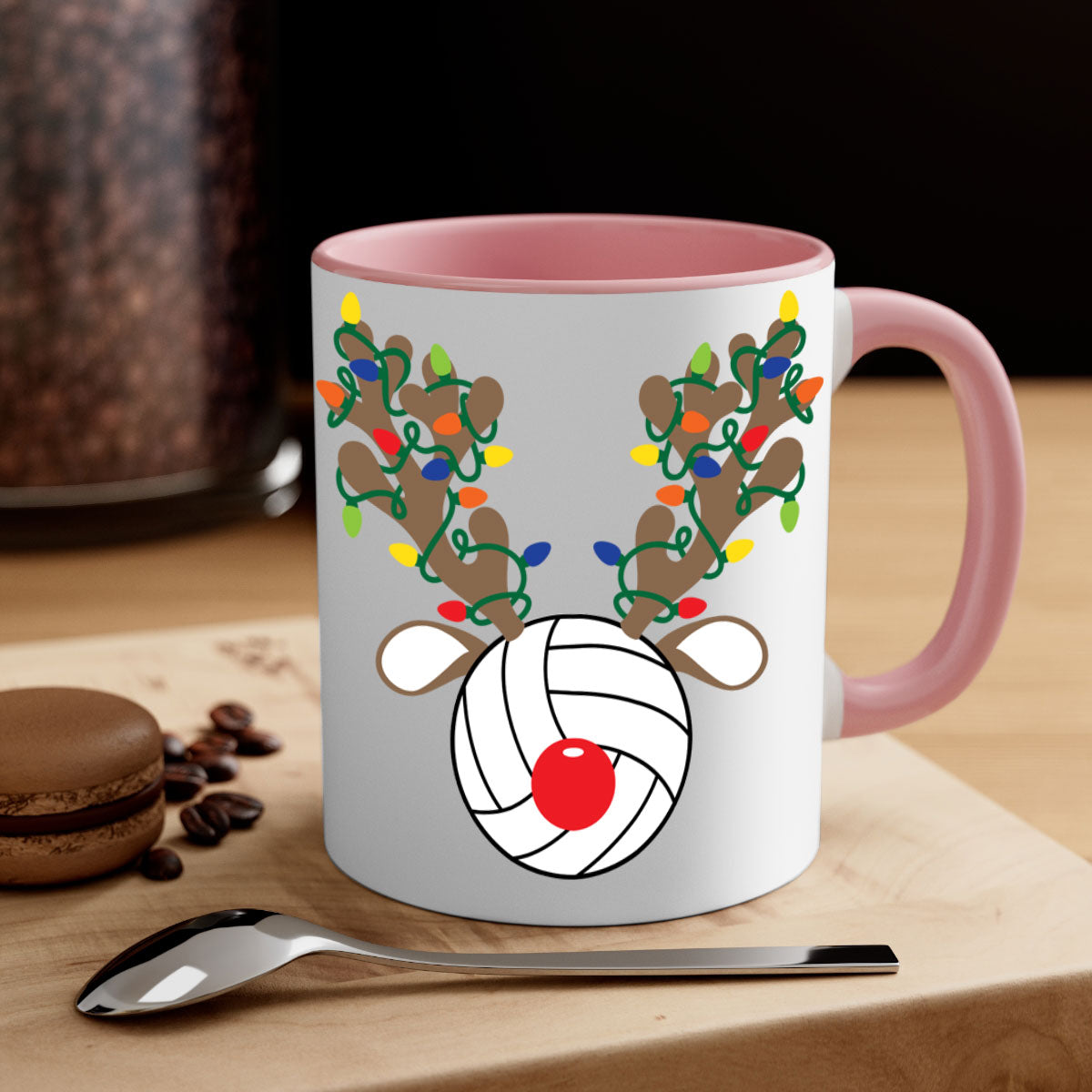 Christmas Reindeer Antler Volleyball Mug with colorful handle and glossy finish, perfect for holiday beverages.